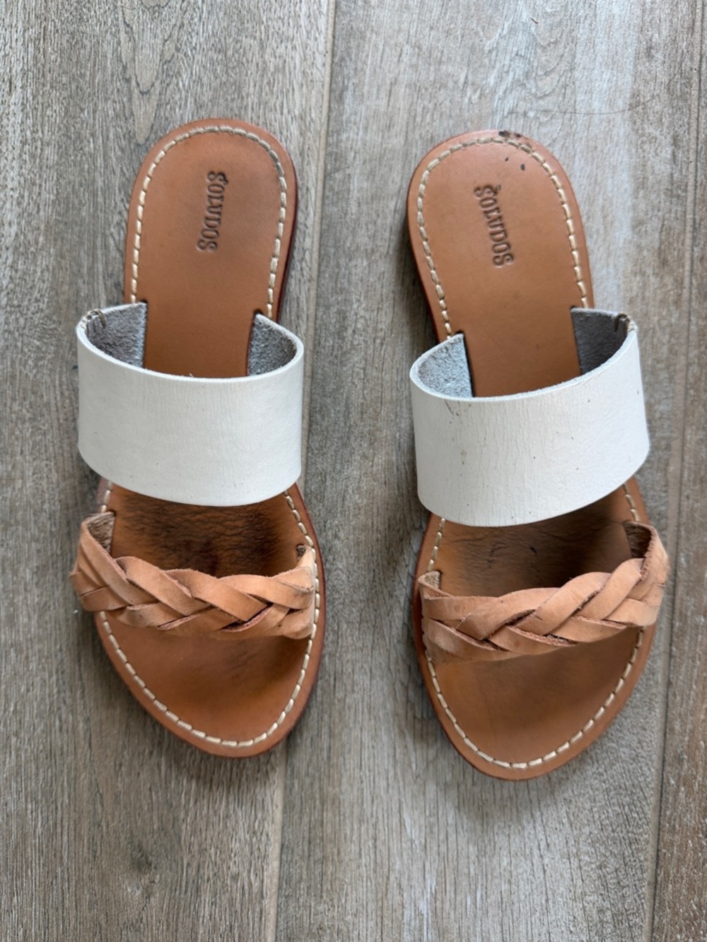 Soludos White and Tan Braided Two-Band Slide Sandals